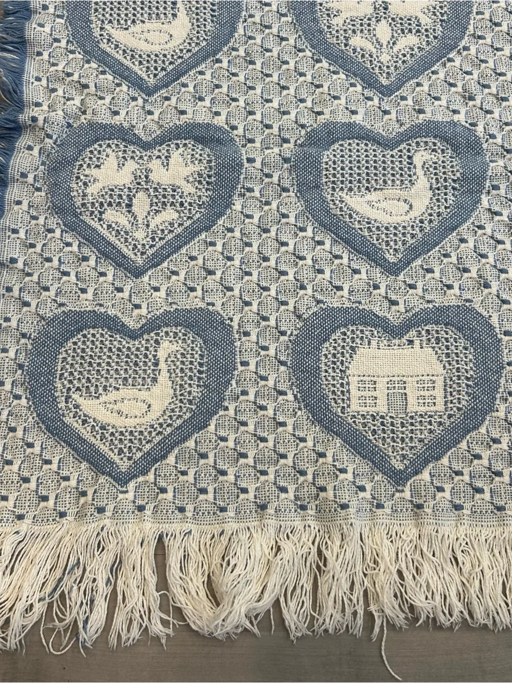 Vtg Woven Tapestry Throw Blanket Hearts Ducks Cottagecore Farmhouse Fringe 44x50